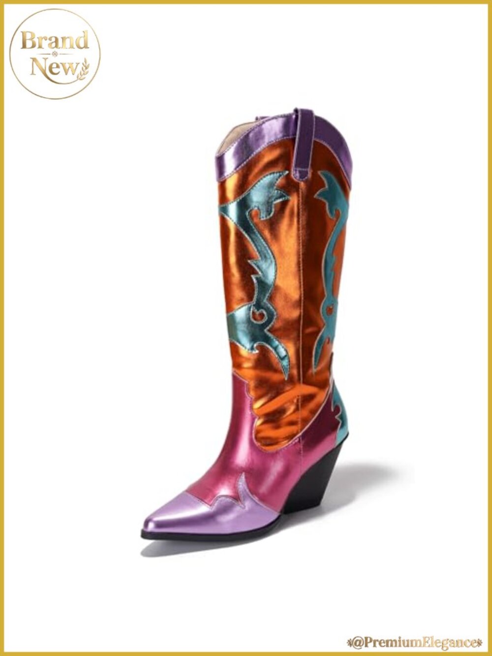 Metallic Colorblock Mid-Calf Western Boots Pointed Toe 3 Inch Heel